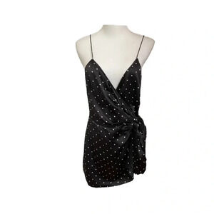 Thurley SILK Polka Dot Tank Top Spaghetti Straps Black White Wrap V-neck Sz 10